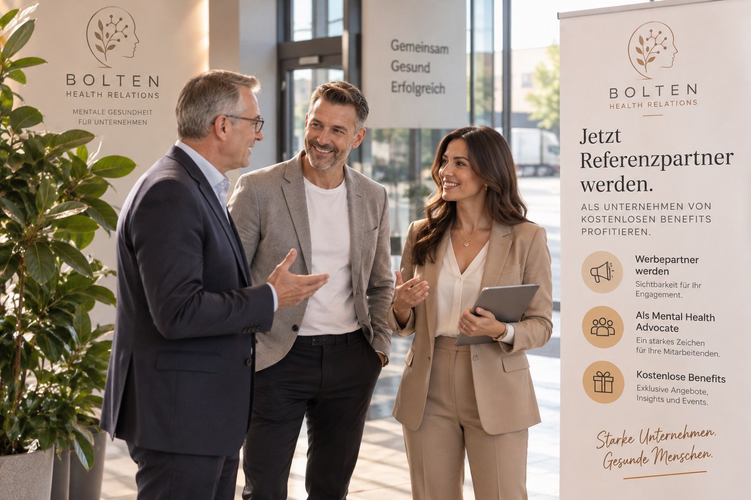 Gespräch mit Referenzpartnern vor dem Bolten-Health-Relations-Aufsteller
